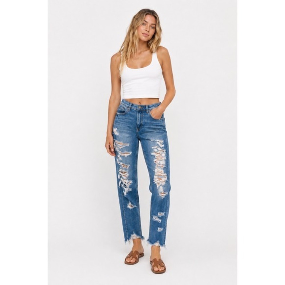American Eagle Distressed Mom Jeans Womens 2 Blue Ripped High Rise Raw Hem